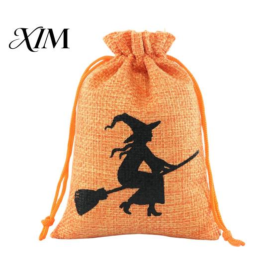 Natural Jute Gift Packaging Halloween Burlap Treat Bags, Pumpkin Ghost Bat Spider Witch Print Drawstring Party Favors Candy Pouches for Cookies Snacks