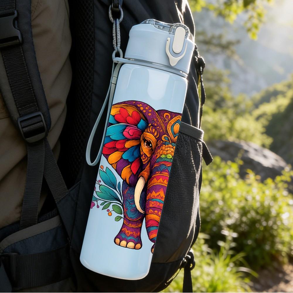 1PC Colorful Floral Elephant 750ml Color Plastic Sports Water Bottle Leakproof Flip Straw Lid Suitable for Sports Office Home Use