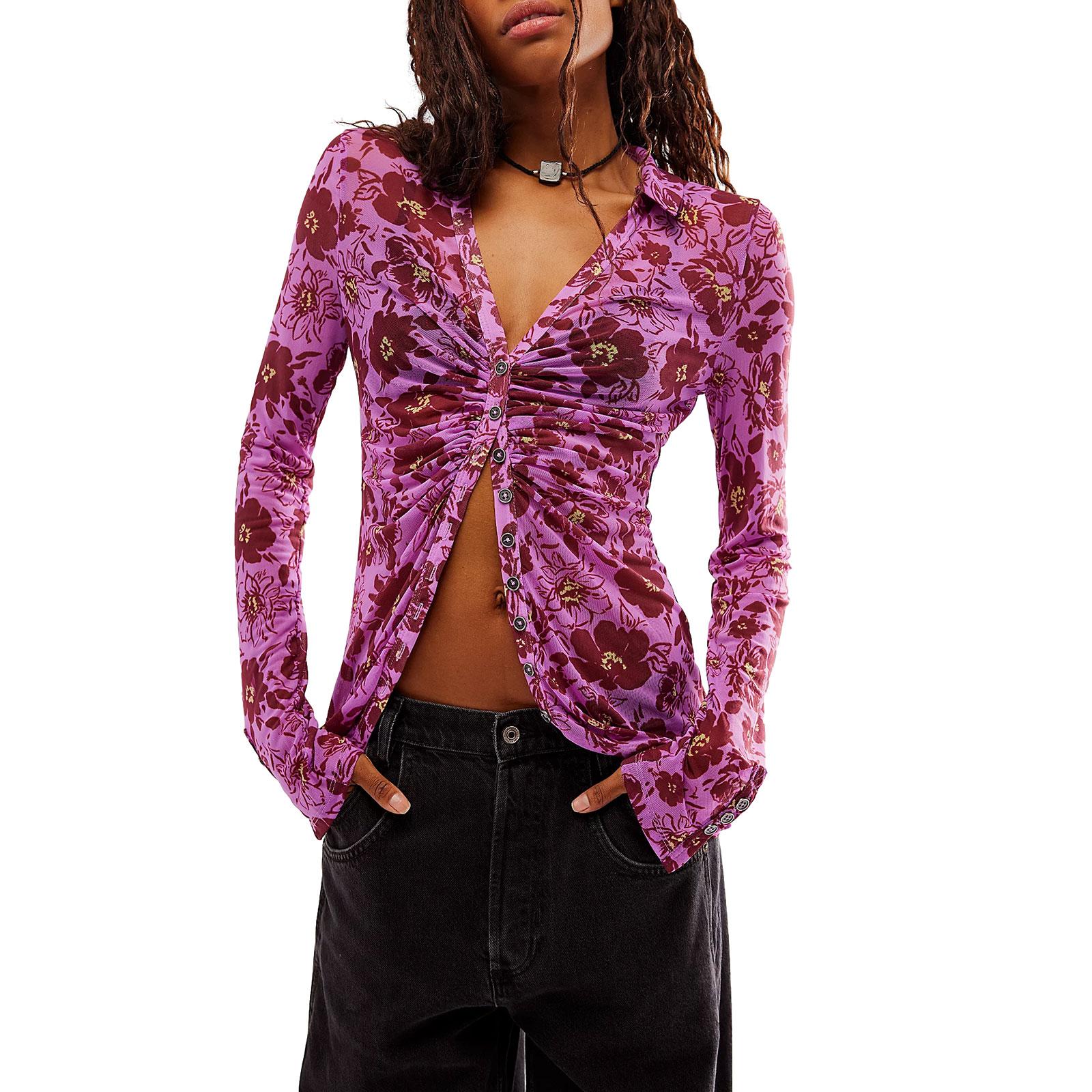 

Женская длинная рубашка на пуговицах, повседневная блузка с длинным рукавом и принтом, облегающие рабочие топы для уличной одежды S фиолетовый
