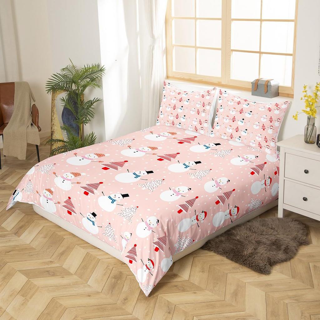 Cartoon Snowman Pink Polka Dots Three-Piece Quilt Cover Digital Printing Bedding Set Bed Cover