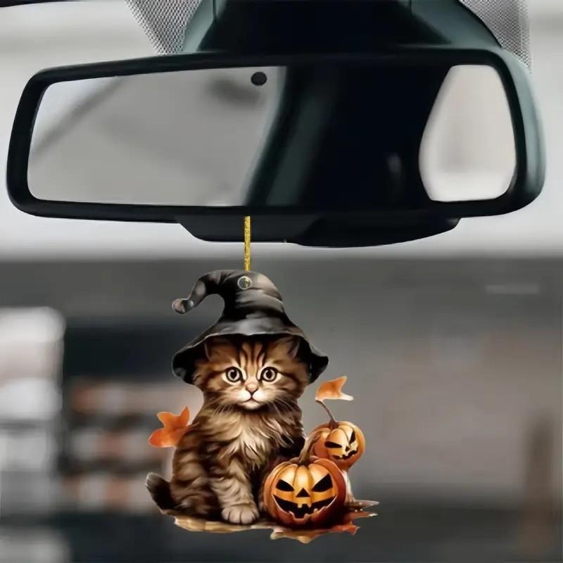 Surface Acrylic Flat Pendant With Cat Witch Hat And Pumpkin Design For Halloween