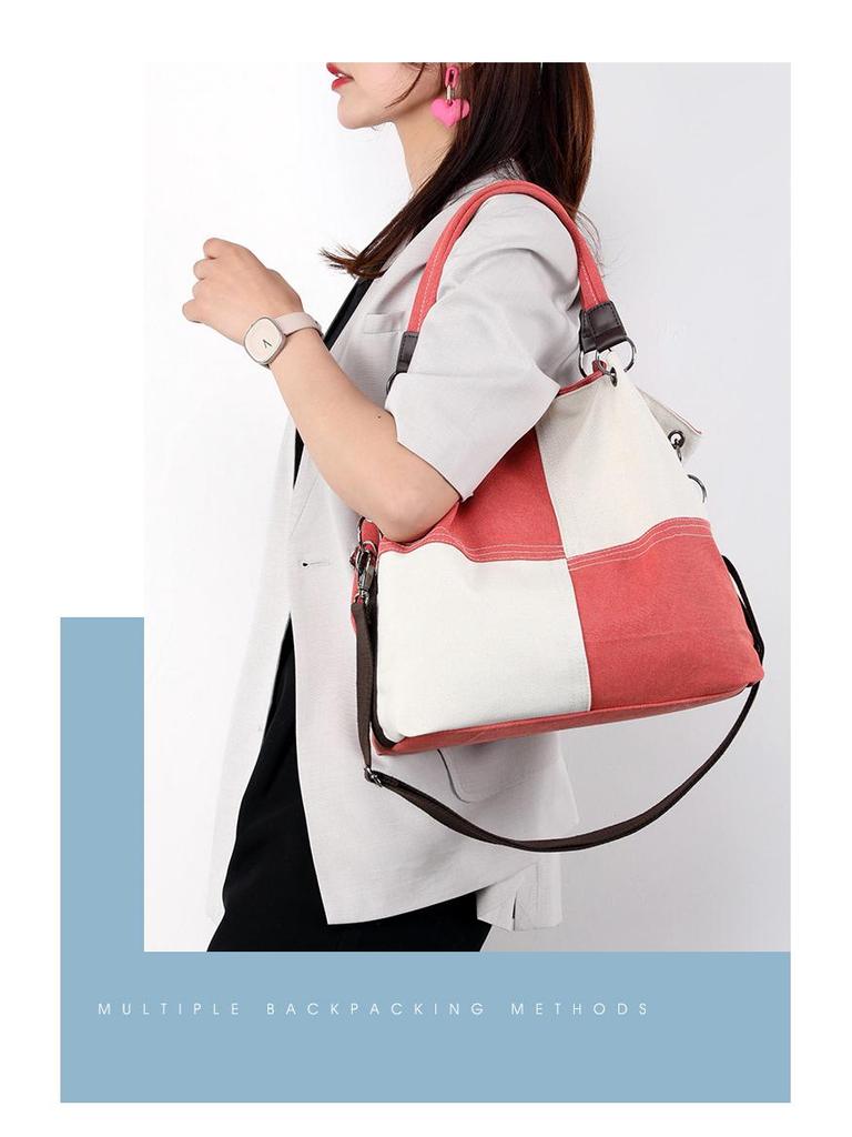 Trendy Women's Patchwork Canvas Tote and Crossbody Bag - Fashionable, Versatile, Color Block Design 2025.