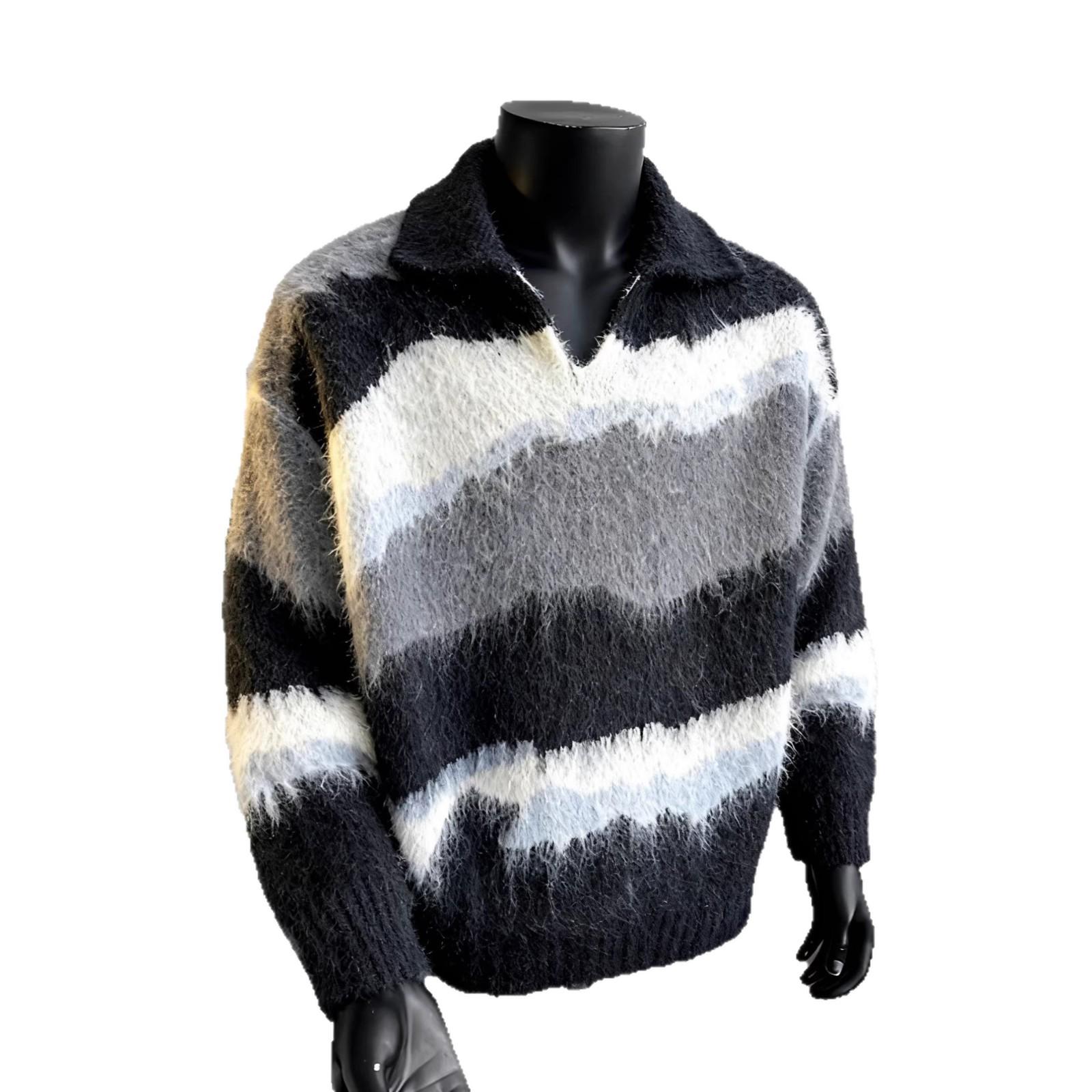 Men s Winter Warm Striped V-Neck Sweater - Casual Knitwear Pullover Large чёрный