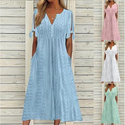 Sommer Kurzarm V-Ausschnitt Spitzenkleid Elegant Mode Damen Aushöhlen Übergröße Locker A-Linie Partykleider Einfarbig Lässige Süße Damenbekleidung