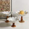 Retro Lace-trimmed High-footed Ceramic Plate, Wooden High-legged Tray,Household Fruit and Snack Tray Tableware for Hotel Trays