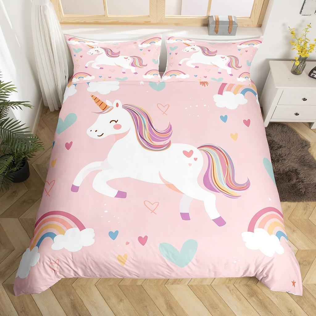 Comforter Girls Unicorn Full King Queen Size Microfiber Eyelashes Floral Comforter 3D Cartoon Bedding Set For Kids Teen