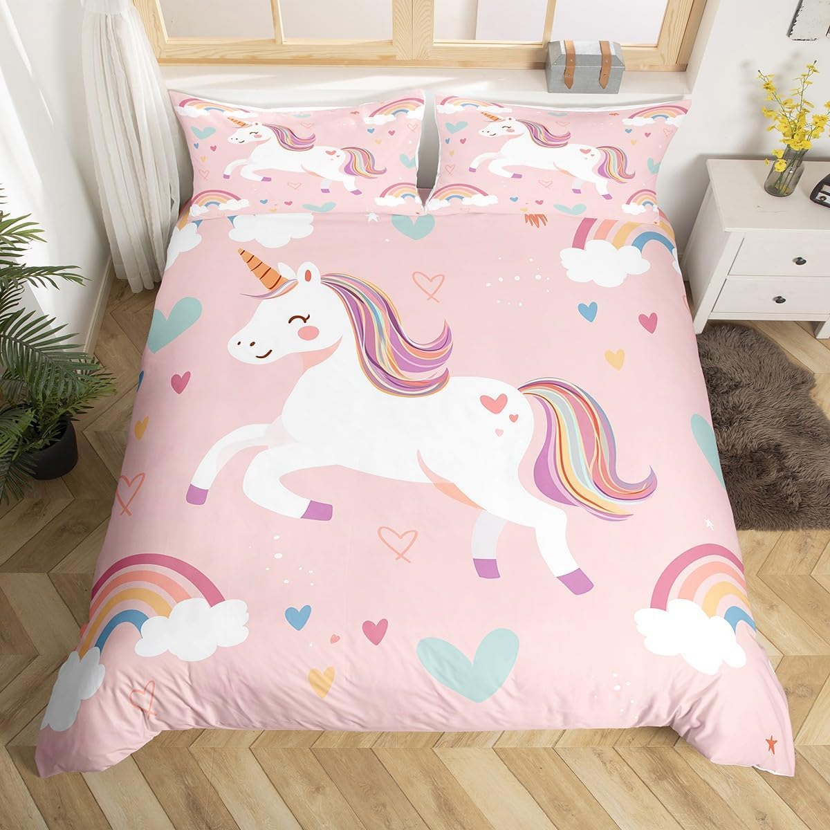 Eenhoorn zacht dekbedovertrek voor jonge meisjes, geschikt voor kingsize en queensize bedden, met microvezel wimpers en bloemenprint, warme 3D kartonnen beddenset voor kinderen 100*200cm Single