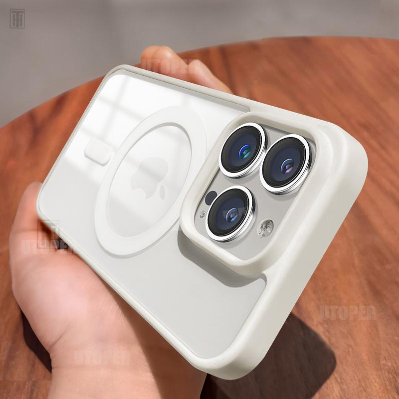 New Matte Border Transparent Antiskid Case for iPhone 16 15 14 13 12 11 Pro Max Plus Strong Magnetic Magsafe Hard Protect Cover