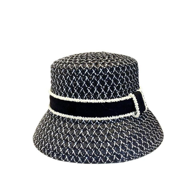 Women French Pearl Hollow Straw Hat Wide Brim Summer Sun Protection Bucket Hat