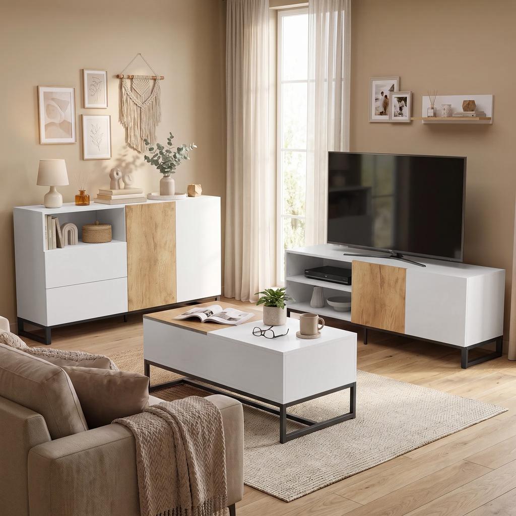 Sideboard Modern Storage Cabinet with 2 Soft-Close Doors and 2 Drawers 140x40x85 Cm, White