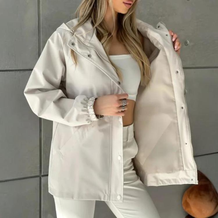 Lightweight Windbreaker Jacket for Women Zip Up Hoodie with Snap Buttons Waist Drawstring Windproof Outwear