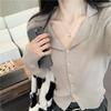 Coat Cover Up Long Sleeve Gray Cardigan Women Early Fall V Neck Turn Down Collar Knit Top Slim Fit Base Layer Shirt