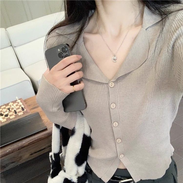 

Coat Cover Up Long Sleeve Gray Cardigan Women Early Fall V Neck Turn Down Collar Knit Top Slim Fit Base Layer Shirt One Size