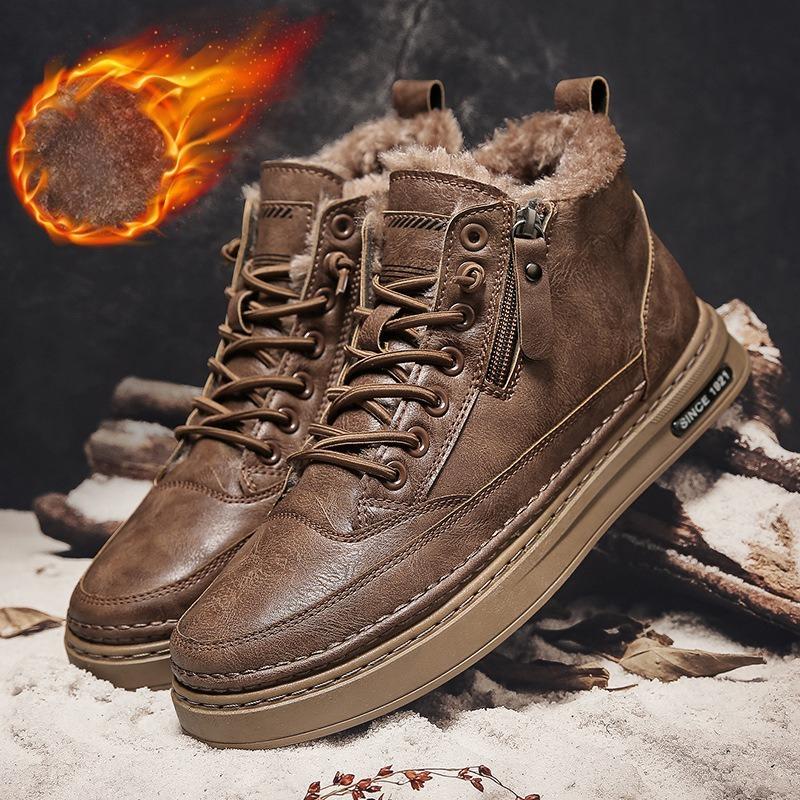 Men's High Top Winter Ankle Boots Thick Soled Cotton Shoes with Warm Leather and Velvet Lining Black Wear-resistant Casual Shoes