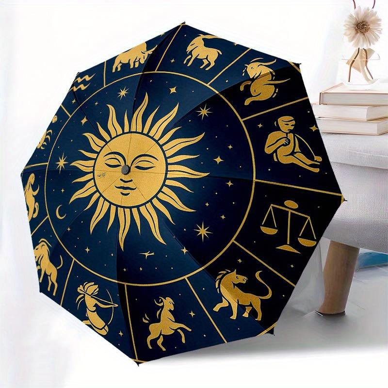 Golden Zodiac Signs Circular Wall Art Decor Umbrella, Cute Umbrella with Cute Design, Portable 3-Fold Compact Umbrella for Men & Women, Valentine's Da