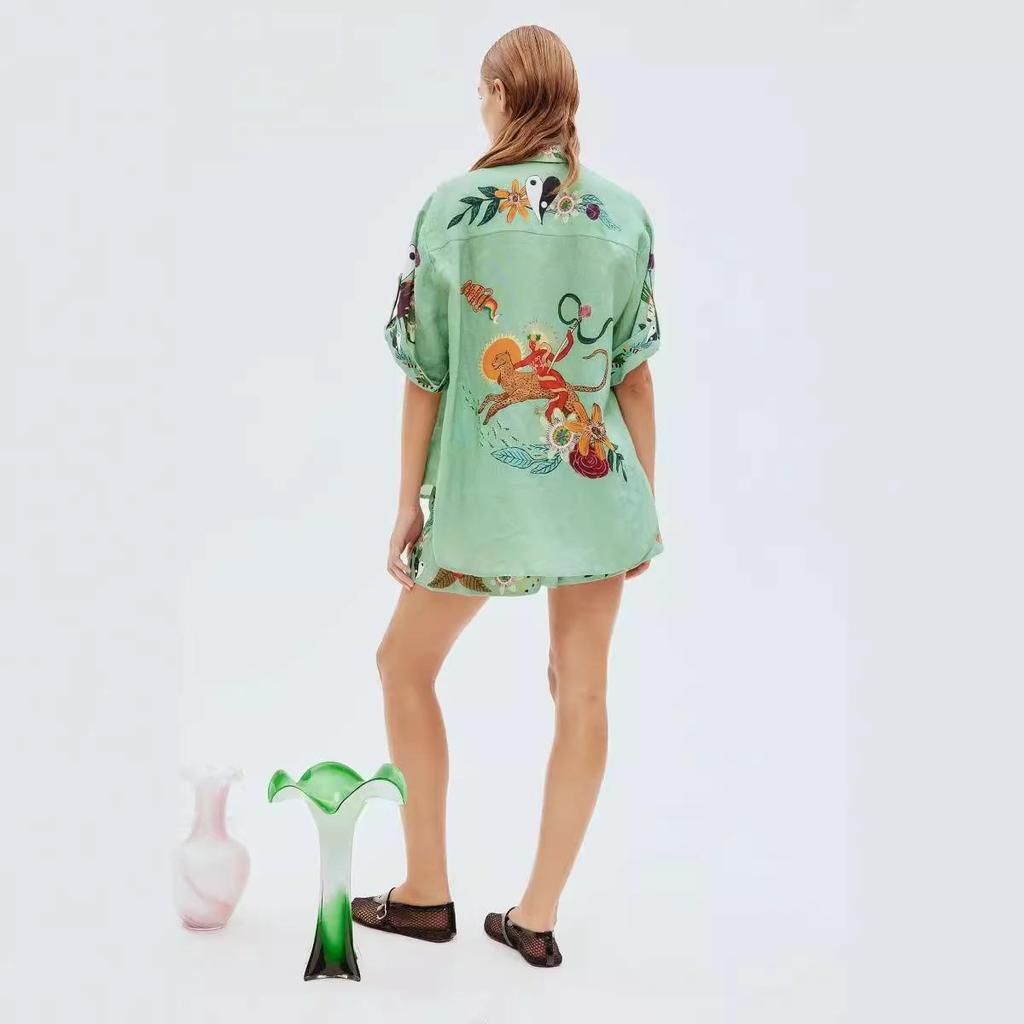 2023 New Casual European & American Two-Piece Set: Cotton & Linen Print Shirt + Shorts