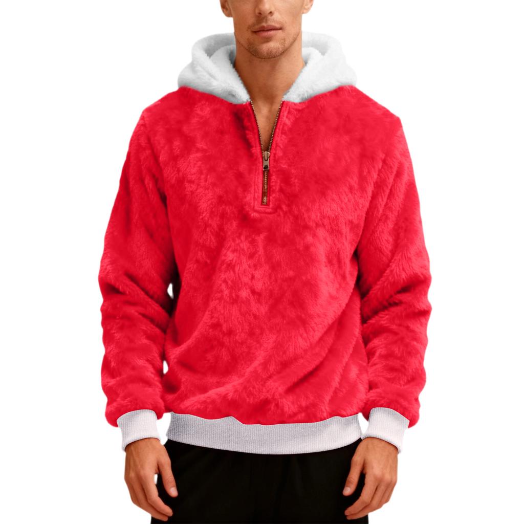 Pánská plyšová mikina s kapucí a polovičním zipem