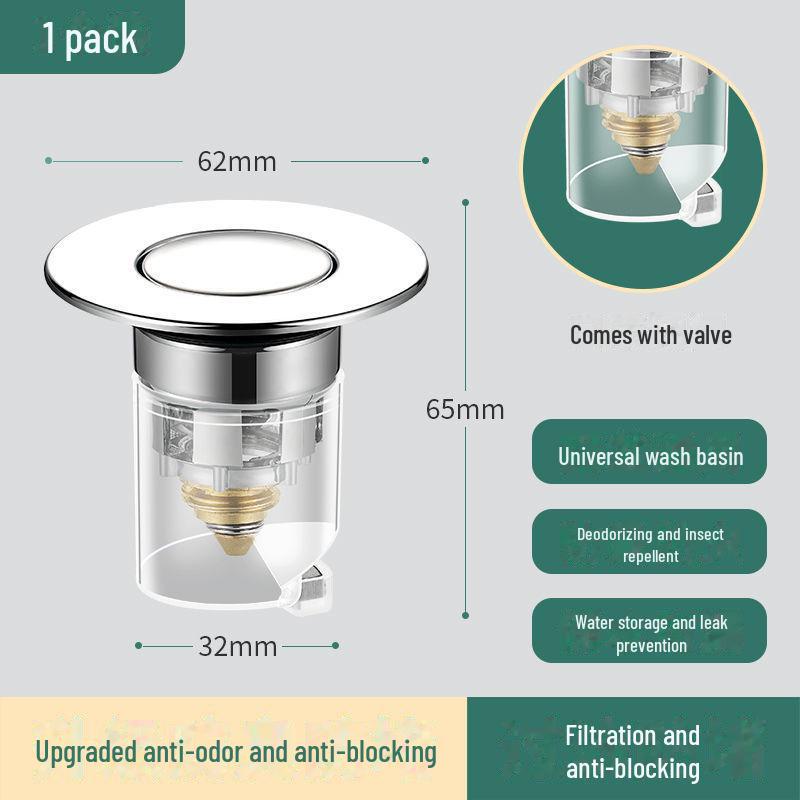 Push Filter Sink Drain Plug with Leak-Proof Basin Bounce Core