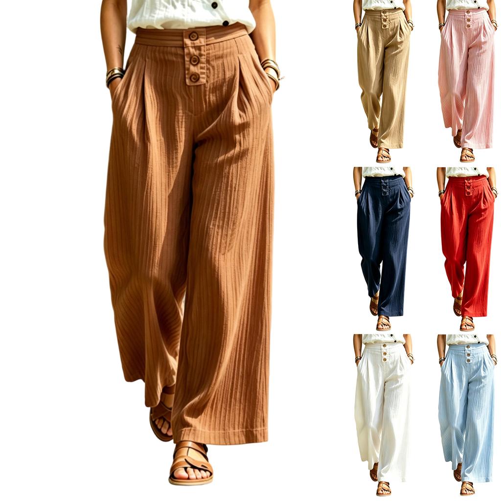 Women’s High Waist Loose Fit Pleated Wide Leg Casual Pants with Button Detail and Side Pockets for Everyday Wear
