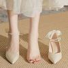 Fashion Square Heel Single Shoes Summer New Pointed Toe Shallow Mouth Beaded Bow Non-Slip Wear-Resistant High Heels