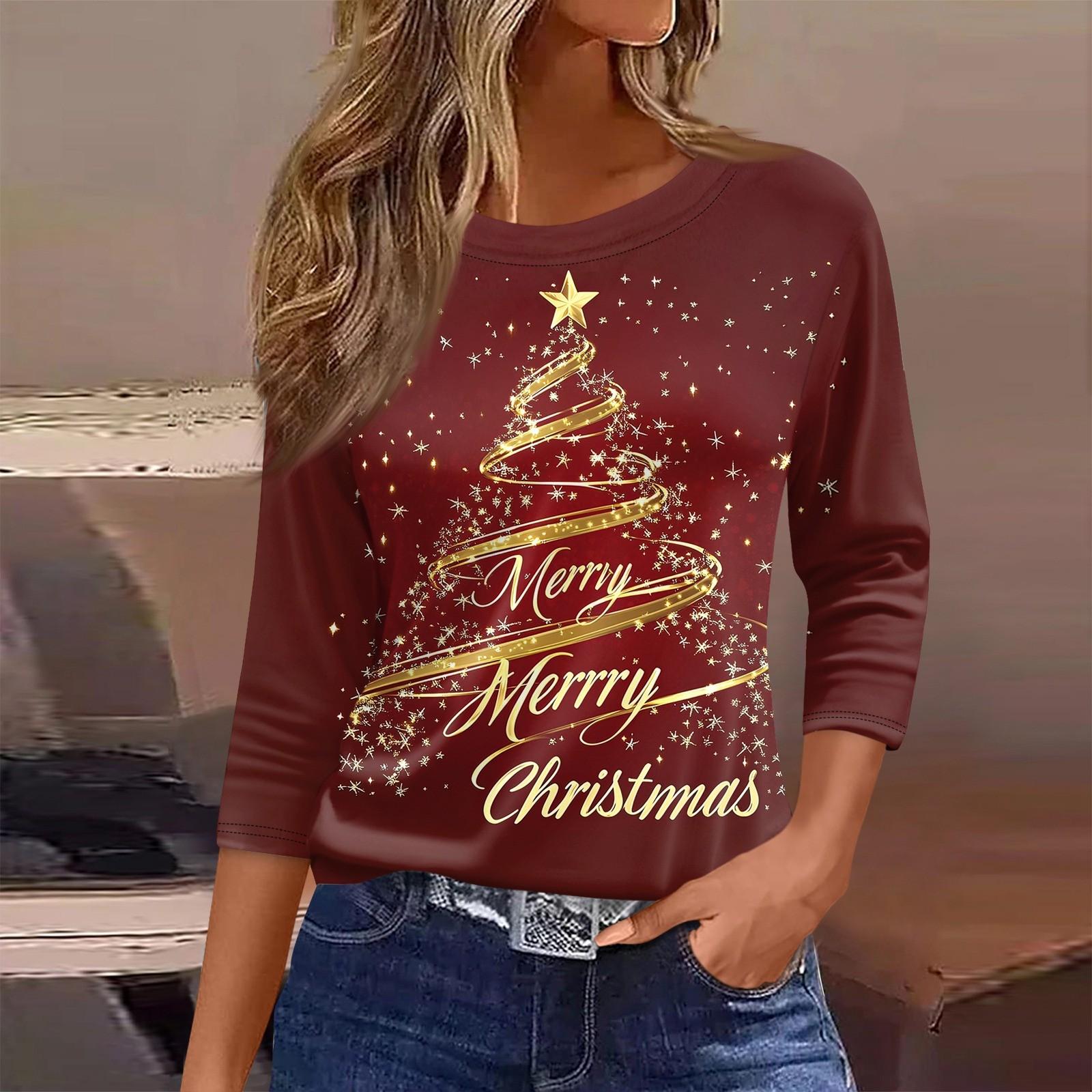 

Жіноча футболка з різдвяним принтом з рукавом 3/4, щоденна мода на вихідні, звичайний топ із круглим вирізом L золотий
