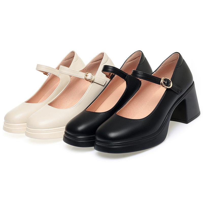 7cm Vintage Breathable Comfortable Shallow Mouth Mary Janes Platform Shoes 2025 Spring Med Block Heels Leather Shoes Office Mom