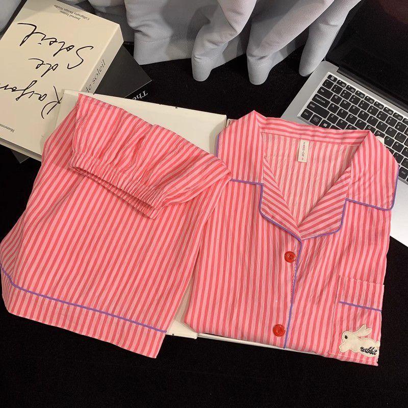 

Summer new red striped pocket bunny pajamas women s short-sleeved shorts cardigan two-piece girl loungewear S