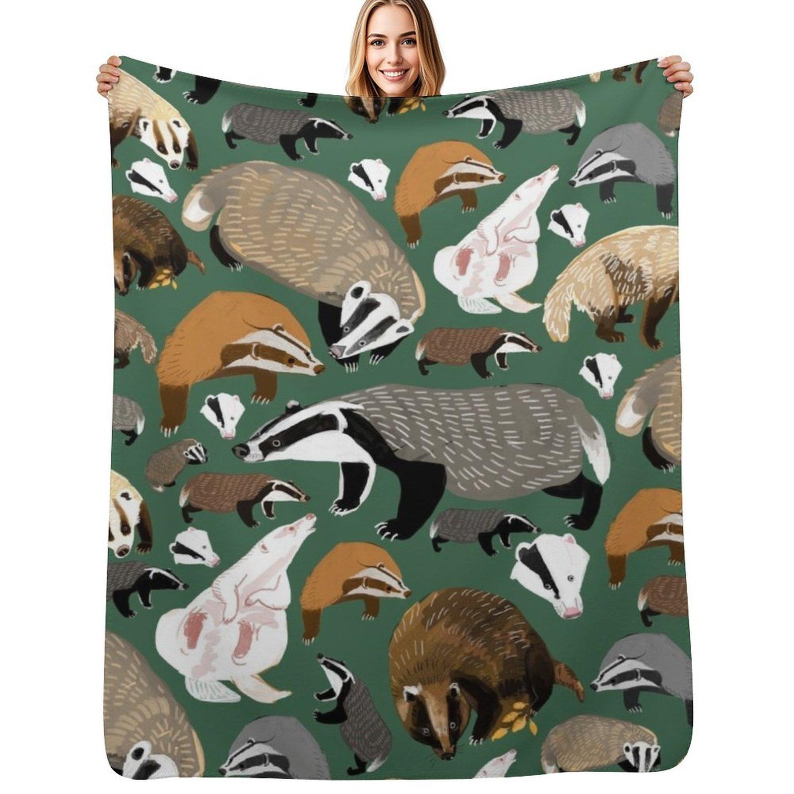 Eurasian badgers pattern Green Throw Blanket Soft Sherpa Fleece Warm Blanket for Winter Size: 75*100cm, Weight: 230 GSM
