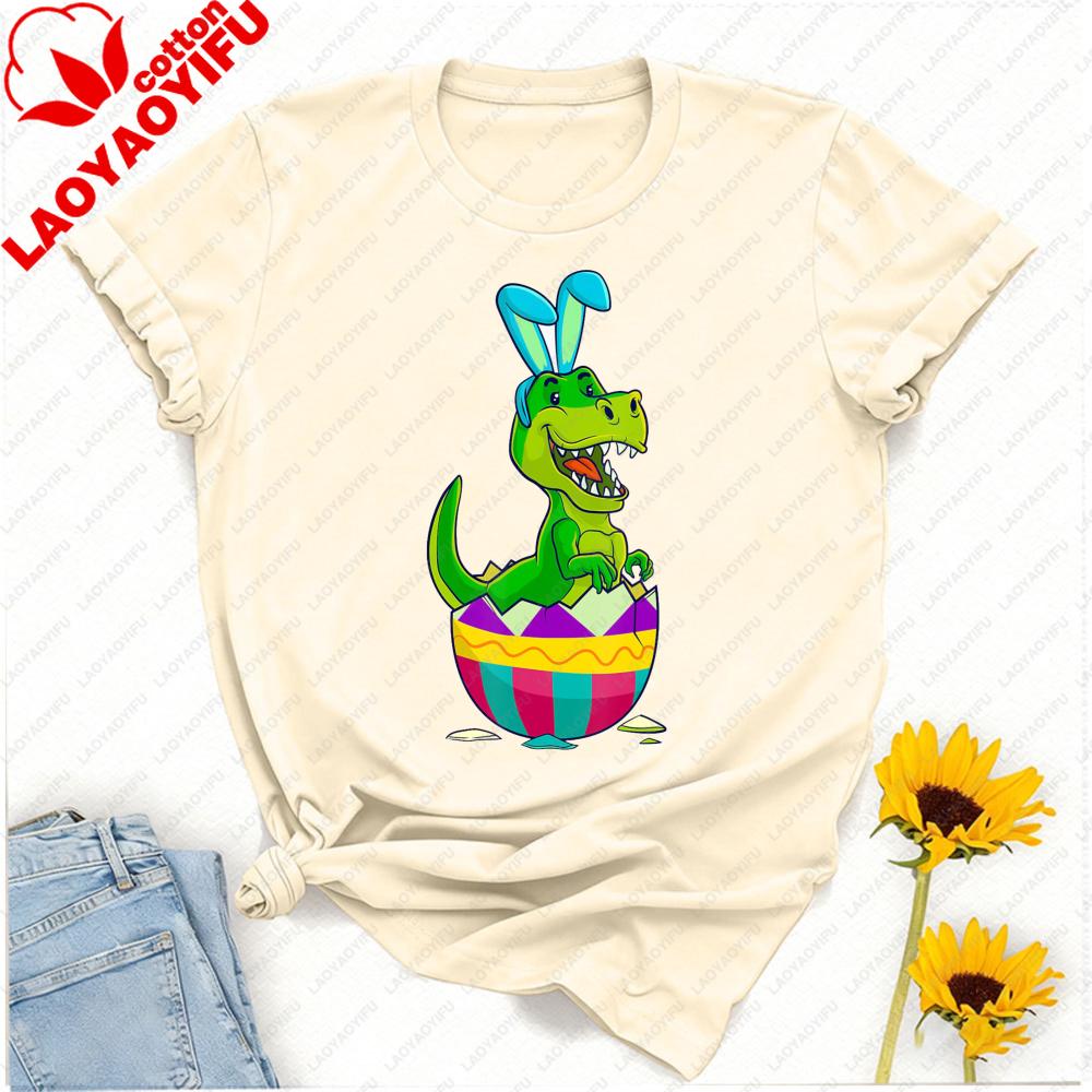Pastel Easter Trex Bunny Tshirt Cartoon Dinosaur Hatching From Colorful Egg Cotton Casual Streetwear For Spring Celebrations
