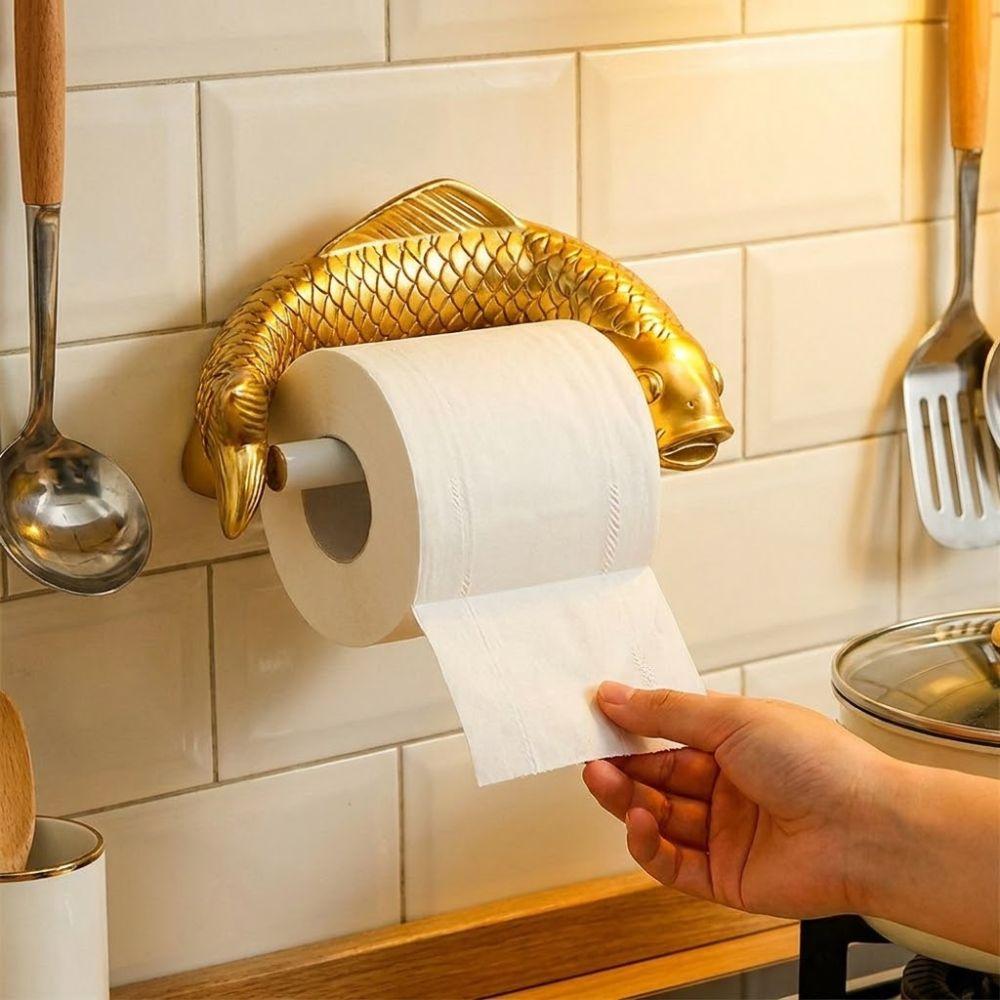 Golden Carp Toilet Paper Roll Holder Wall-Mounted Vintage Toilet Paper Rack Waterproof Plastic Punch-Free Tissue Paper Shelf