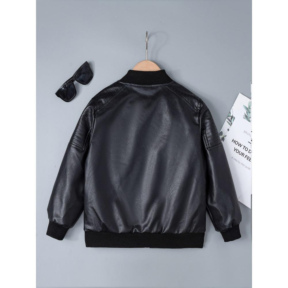Kids Boys Autumn Winter PU Leather Fleece Lining Stand Collar Zipper Jacket