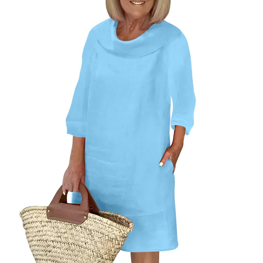 Women's Cotton And Linen Temperament Commuting Long Spliced Round Neck Casual Solid Color Dress