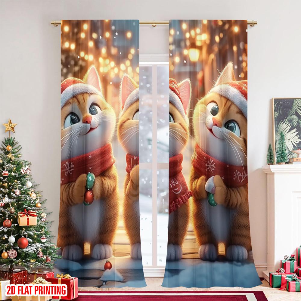 Set Of 2 Flat Printing Merry Christmas Window Drapes Cute Cat Candy Polyester Without Electricity Party Decorations Curtain