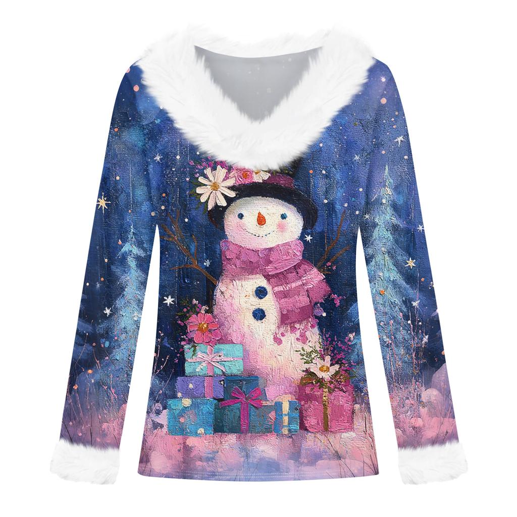 חולצת טי לנשים חולצה חג המולד שרוול ארוך מסיבה הדפס חג המולד צווארון פליז צווארון וי טופ