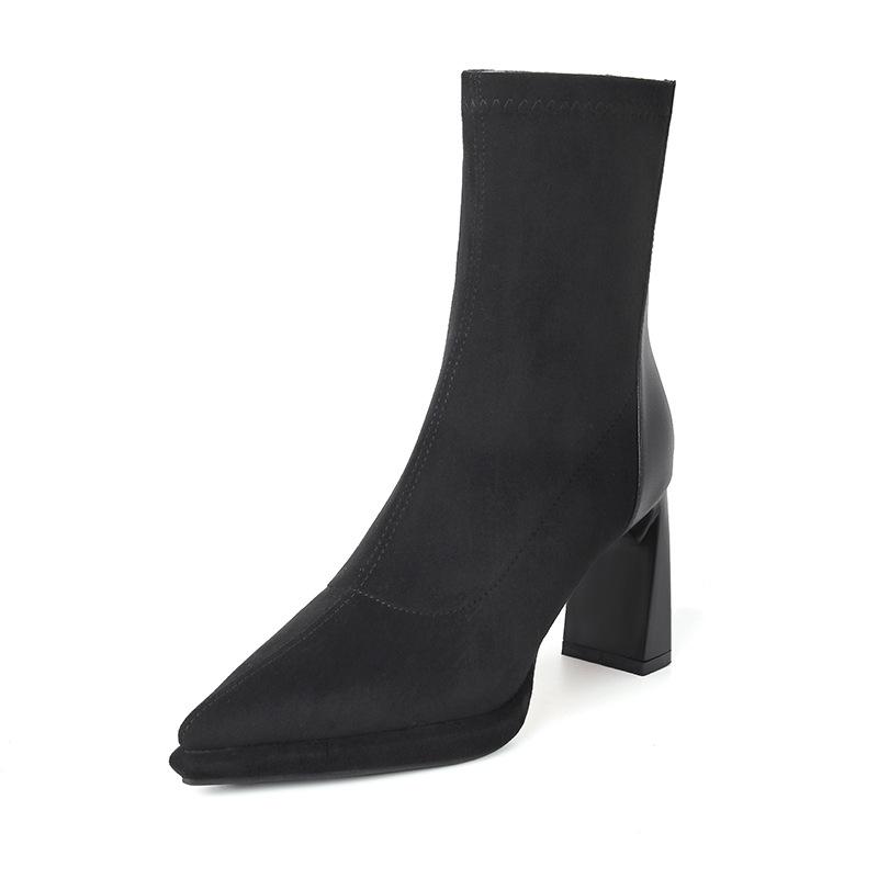 Black suede leather splicing short boots women's high heel British versatile elastic boots temperament thin boots autumn and winter new