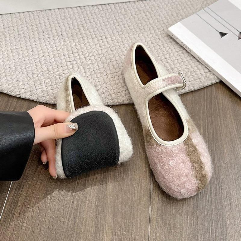 Round Head Cosy Lambswool Ballet Flats Woman Warm Teddy Fur Mary Jane Shoes Ladies Brand Design Elegant Fluffy Plush Loafers