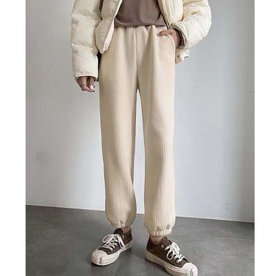 Fashion Solid Warm Cold Resistant Lady Ankle-length Pants Autumn Winter Casual High-waist Loose Thick Velvet Pants Women 29268