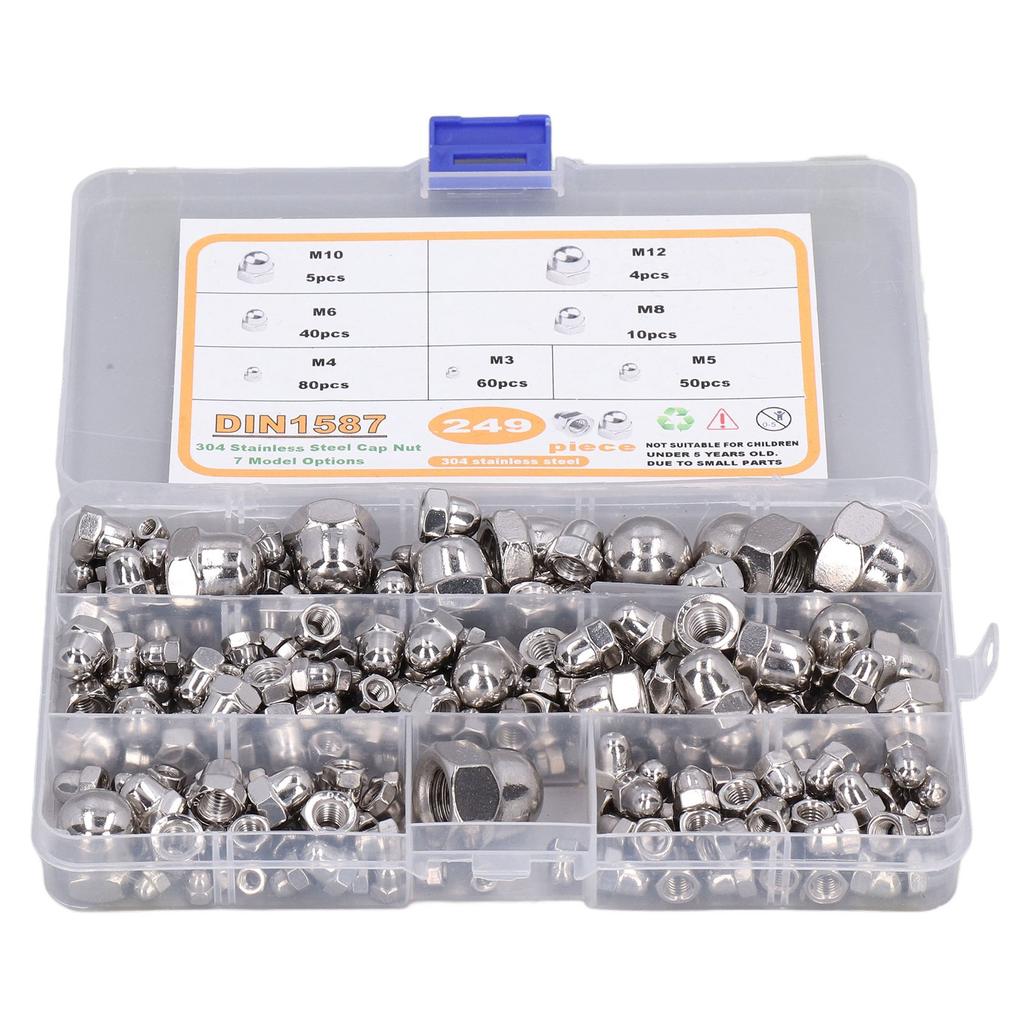 249Pcs Acorn Hex Cap Nuts Assortment Kit M3?M12 DIN1587 304 Stainless Steel Bright Finish