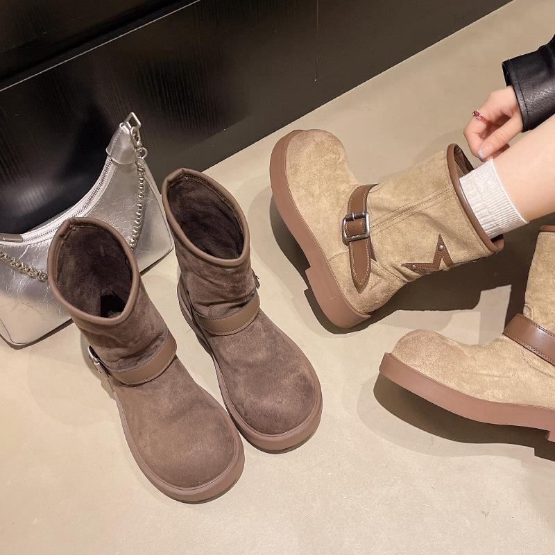 European and American foreign trade large size women's shoes 2025 autumn and winter new suede round head square heel medium tube low heel fashion boot