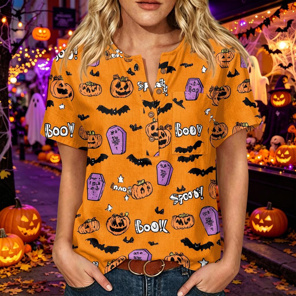 Women's Halloween Print V Neck Short Sleeve Button Detail Three Quarter Sleeve T Shirt Top Casual Fashion