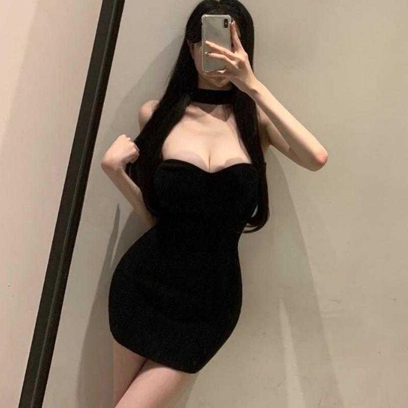 

Korean Elegant Slimming One-Shoulder Knit Mini Dress One Size чорний