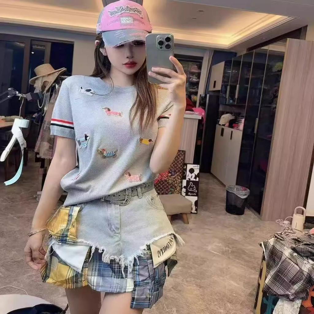Summer Women Designer O-neck Short Sleeve Embroidery Cartoon Dog Knitted Sweater Pullover Tops For College Girls