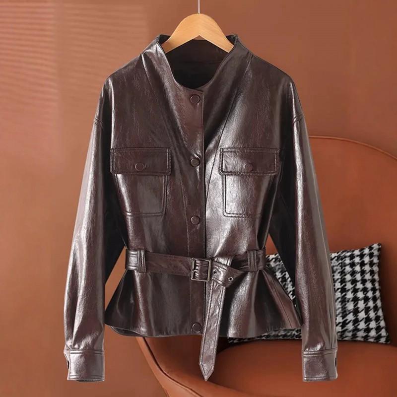 Giacca da Donna in Pelle di Agnello Collezione 2026 Vestibilità Slim Fit Collo a Lancia Stile Biker Cappotto Nero Rosso Caffè