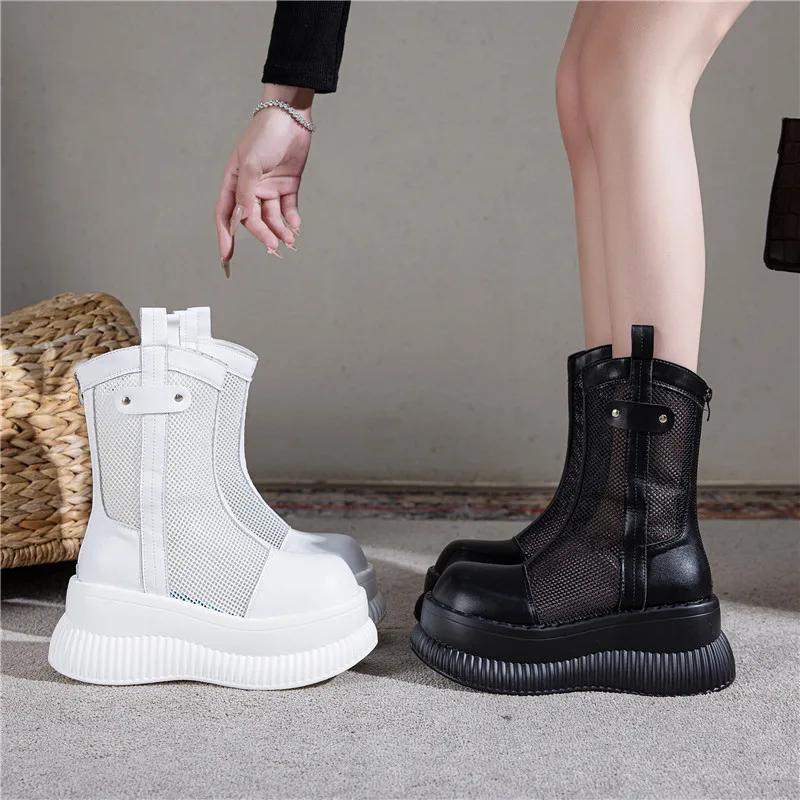 8CM Air Mesh Genuine Leather Boots Women Pumps Summer Motorcycle Chimney Sandals Hollow Ankle Booties ZIP Fashion Shoes