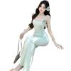 Mint Green Three-dimensional Flower Suspender Dress Women's Summer Vacation Wind Waist Pure Desire Slim Hip Fish Tail Dress