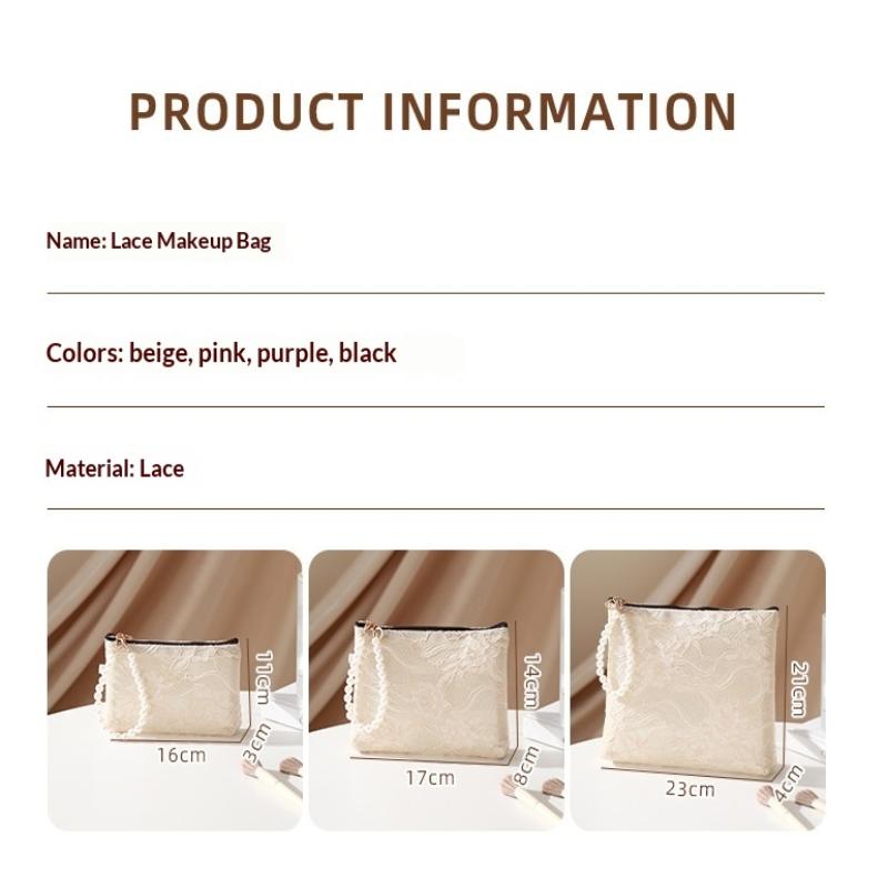 Lace Cosmetic Bag With Pearl Wrist Strap And Semi Transparent Design Perfect For Daily Makeup Storage Travel Use