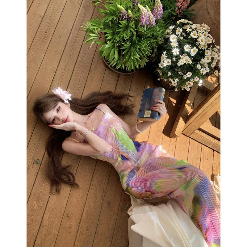 Island Store Sexy Vacation Smudge Pink Vacation Crease Suspender Straight Long Dress