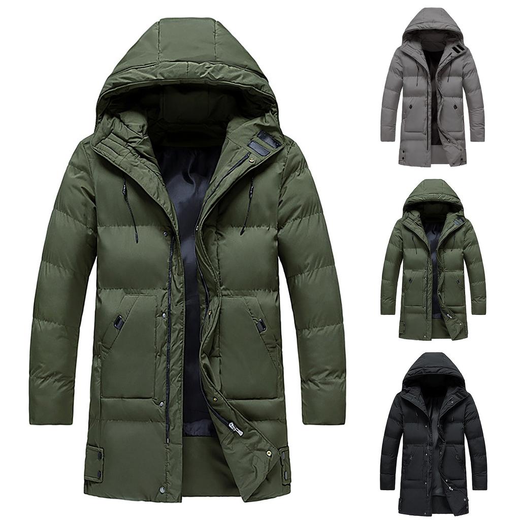 Men's Autumn Winter Zipper Warm Down Jacket Hooded Plush Solid Color  Cotton Coat