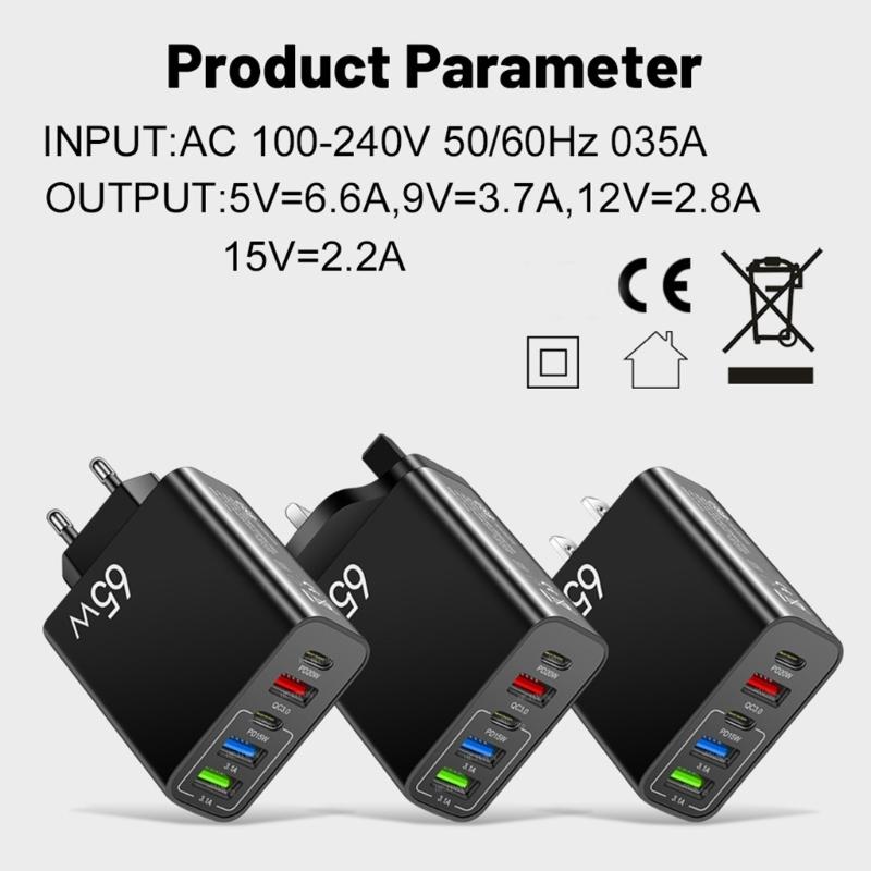 Practical 65W Charging Hub USB Type C Port Automatic Power Adjustment Simultaneous Charging Head for Various Devices