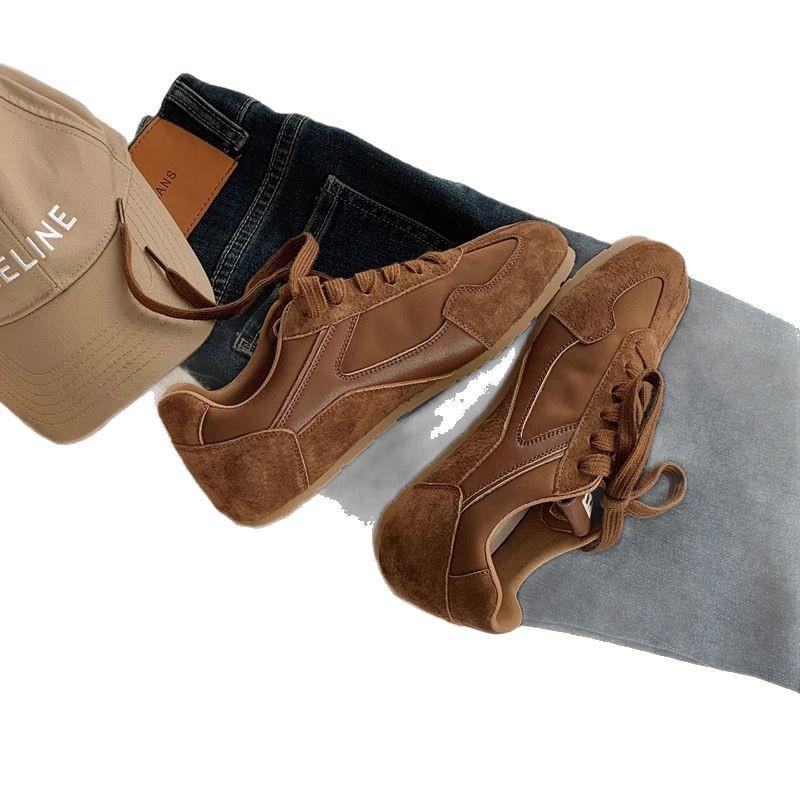 Korean Atmosphere~ Soft Leather Retro Inner Height Increase Color Matching German Training Shoes Women's Fashionable Casual Style Lace-up Forrest Gum